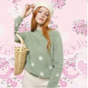 Fuzzy green daisy sweater